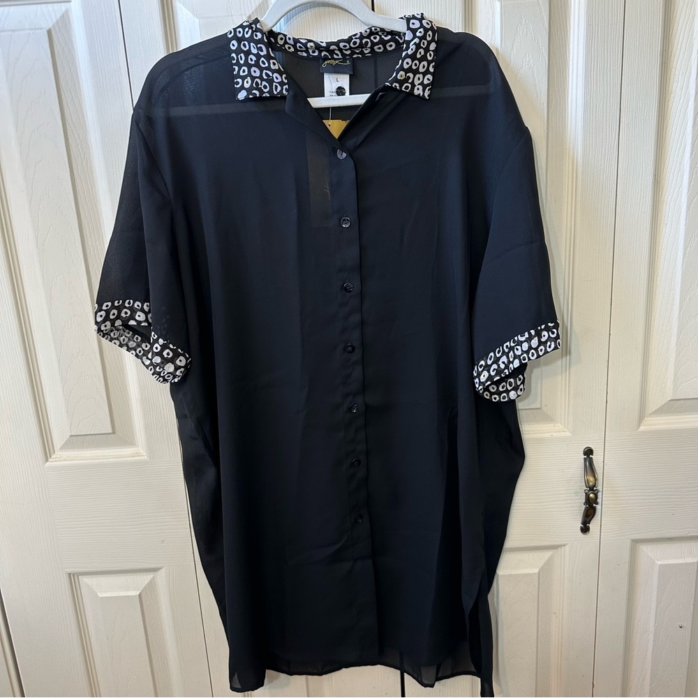 Gottex Sheer Collared Animal Print Button Down Tunic Cover Up Womens Size Large